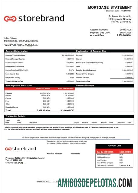 realista Modelo Word e PDF de extrato de hipoteca do banco Storebrand da Noruega
